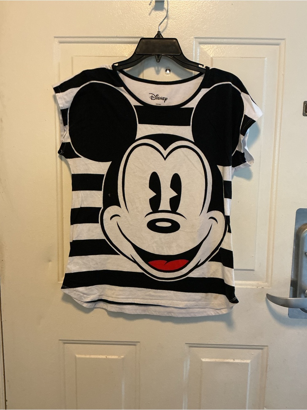 Disney Black & White Mickey Mouse Striped Tee with Red Accent